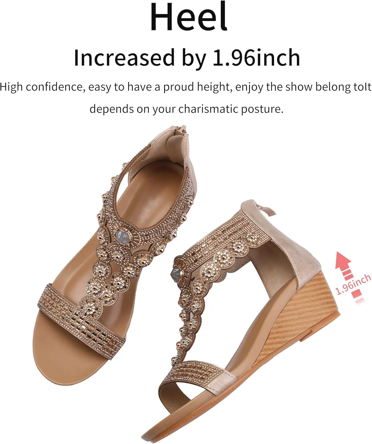 WOJWSKI Wedge Sandals for Women Bohemia Rhinestone Open Toe Roman Heel Zipper Summer Dressy Women's Beach Casual Shoes