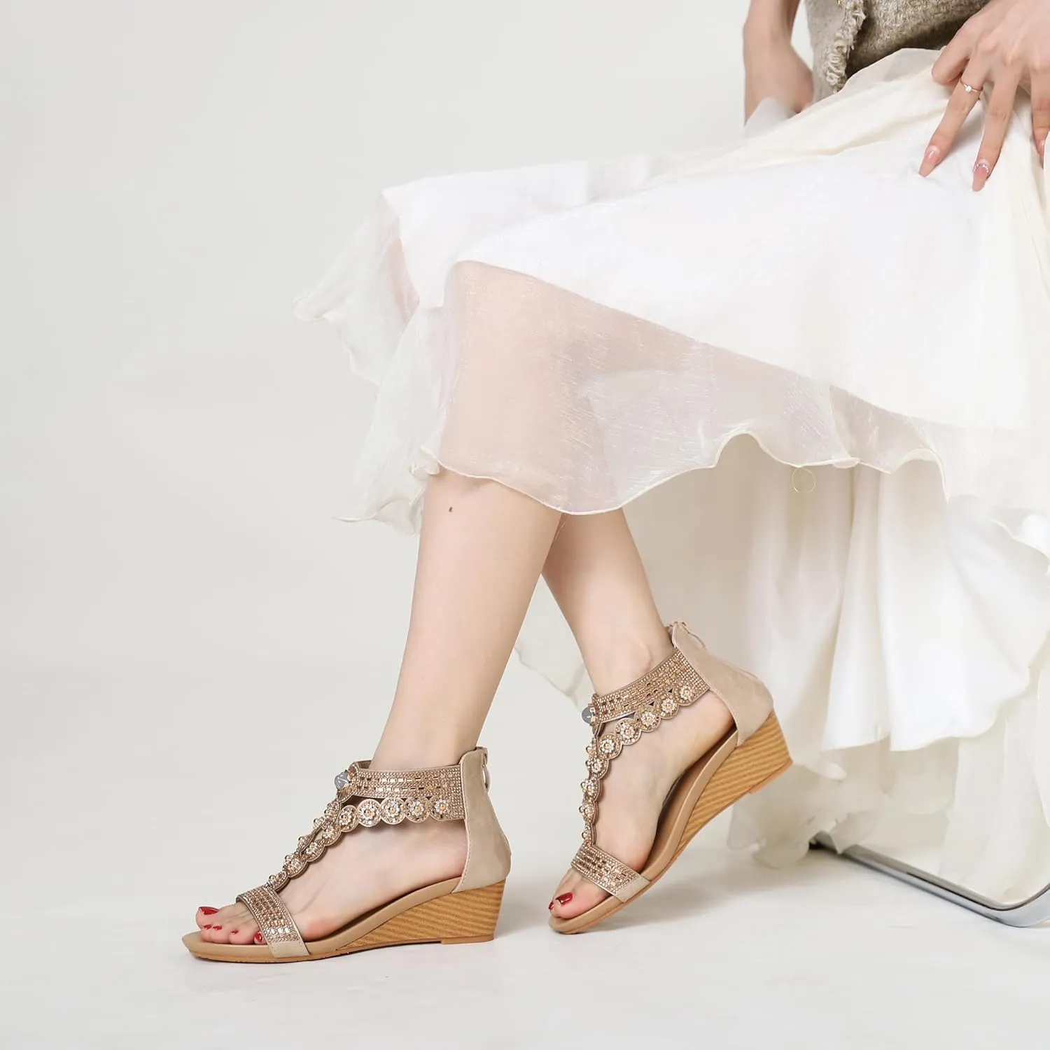 WOJWSKI Wedge Sandals for Women Bohemia Rhinestone Open Toe Roman Heel Zipper Summer Dressy Women's Beach Casual Shoes