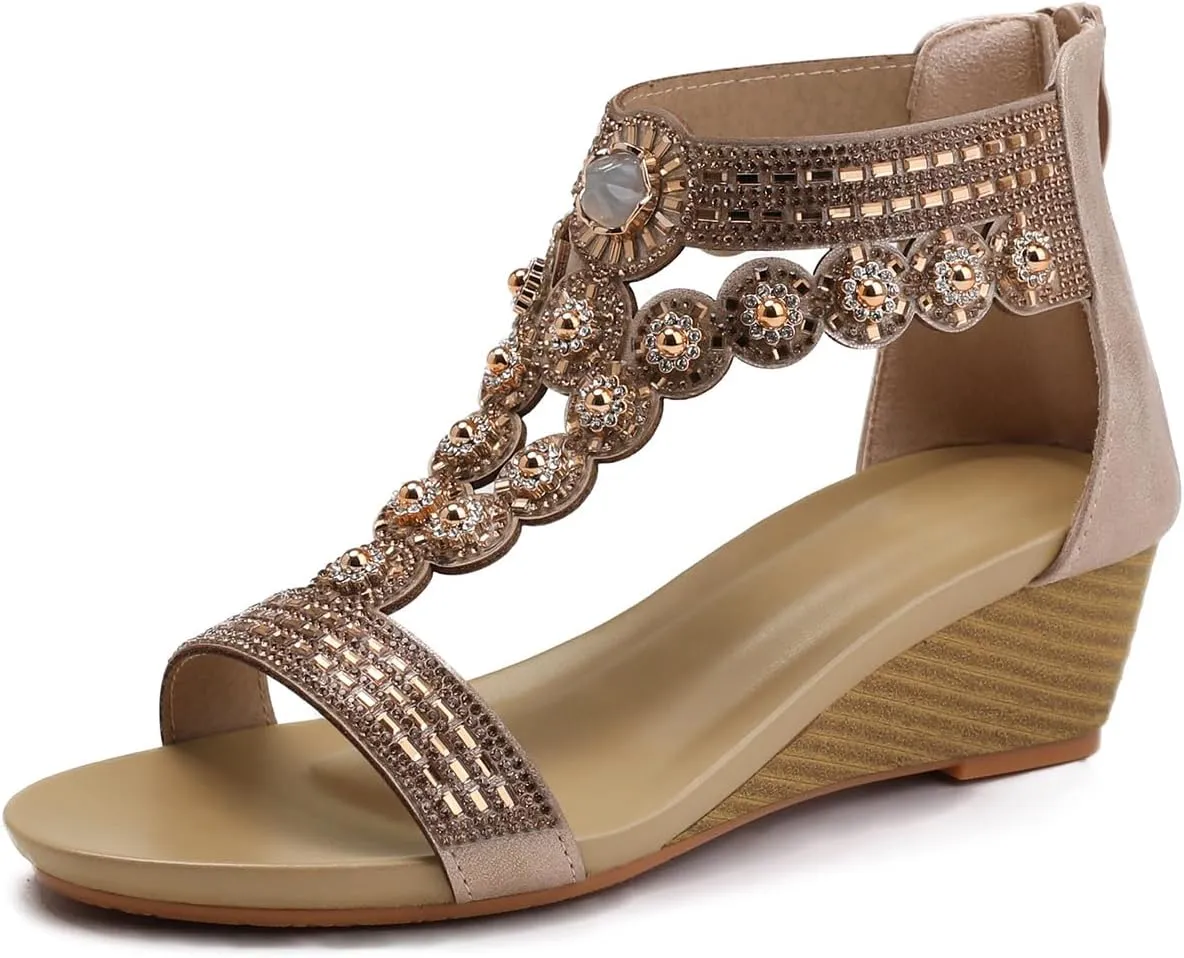 WOJWSKI Wedge Sandals for Women Bohemia Rhinestone Open Toe Roman Heel Zipper Summer Dressy Women's Beach Casual Shoes