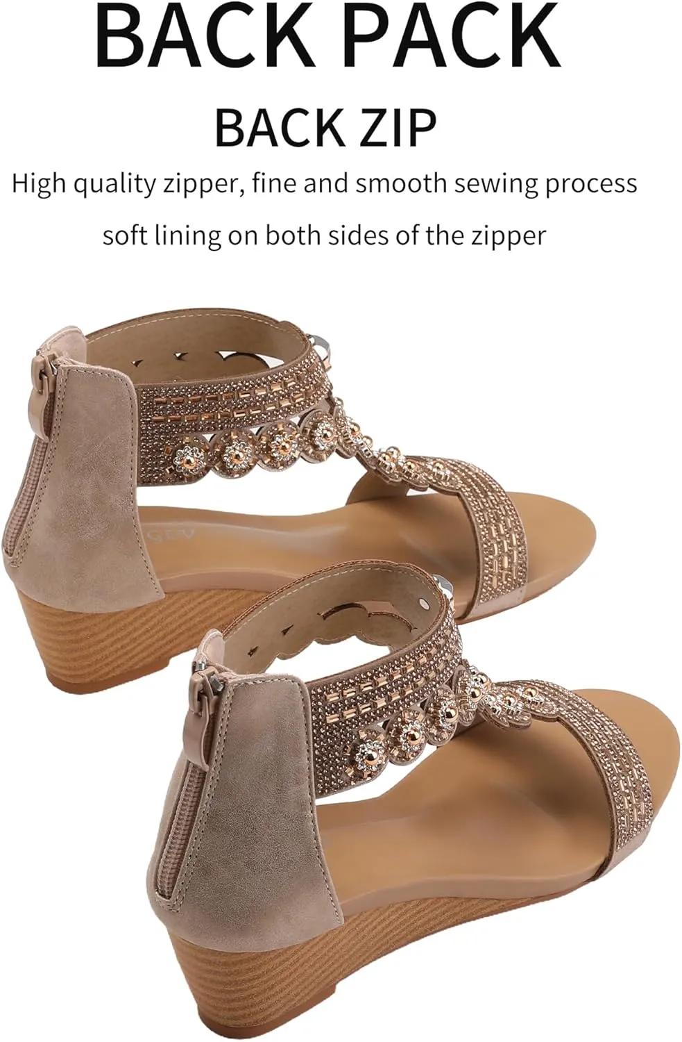 WOJWSKI Wedge Sandals for Women Bohemia Rhinestone Open Toe Roman Heel Zipper Summer Dressy Women's Beach Casual Shoes