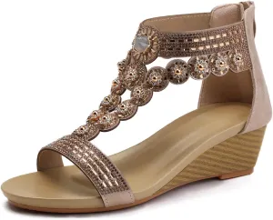 WOJWSKI Wedge Sandals for Women Bohemia Rhinestone Open Toe Roman Heel Zipper Summer Dressy Women's Beach Casual Shoes