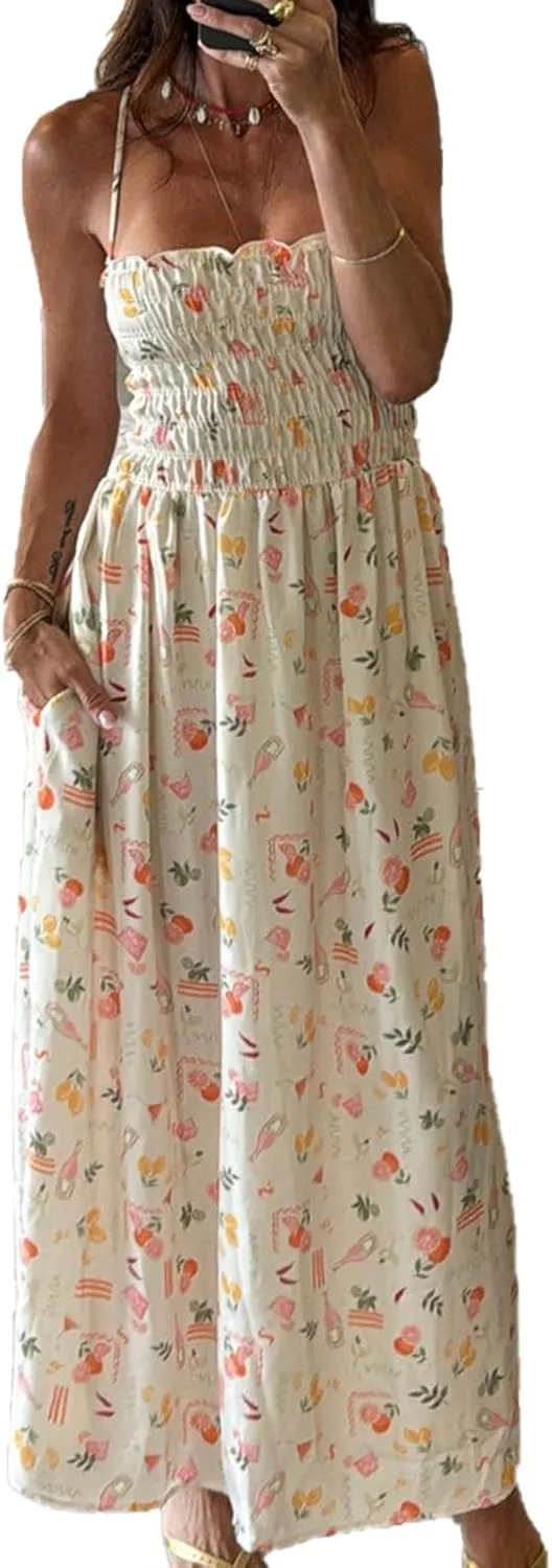Women Boho Floral Long Dress Graffiti Backless Cami Dress Flowy Sleeveless Maxi Sundress Summer Holiday Beachwear
