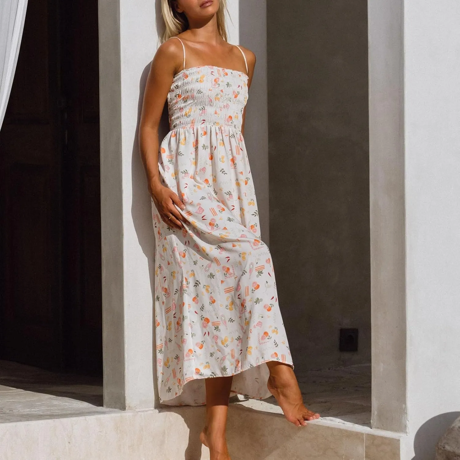 Women Boho Floral Long Dress Graffiti Backless Cami Dress Flowy Sleeveless Maxi Sundress Summer Holiday Beachwear
