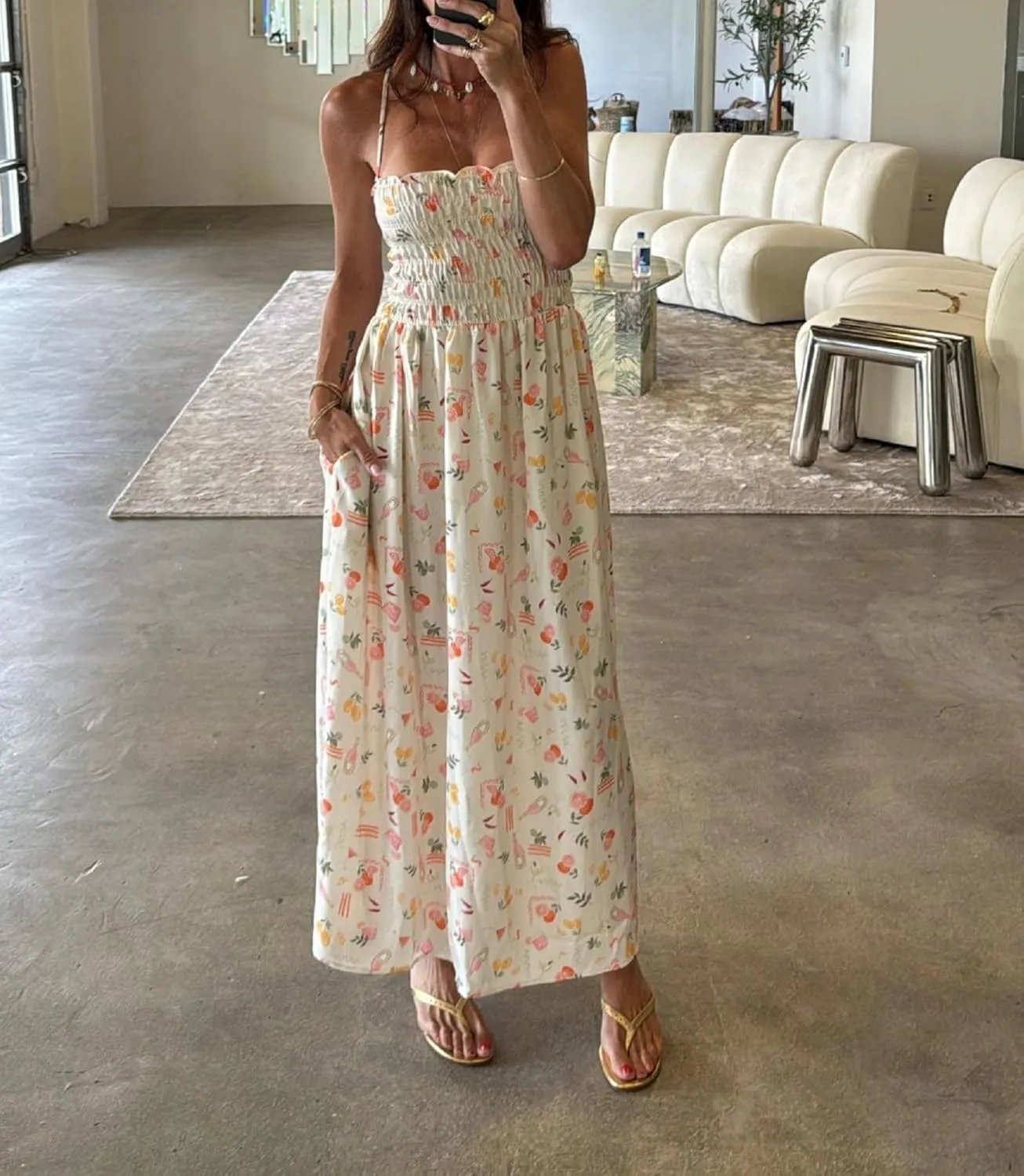 Women Boho Floral Long Dress Graffiti Backless Cami Dress Flowy Sleeveless Maxi Sundress Summer Holiday Beachwear
