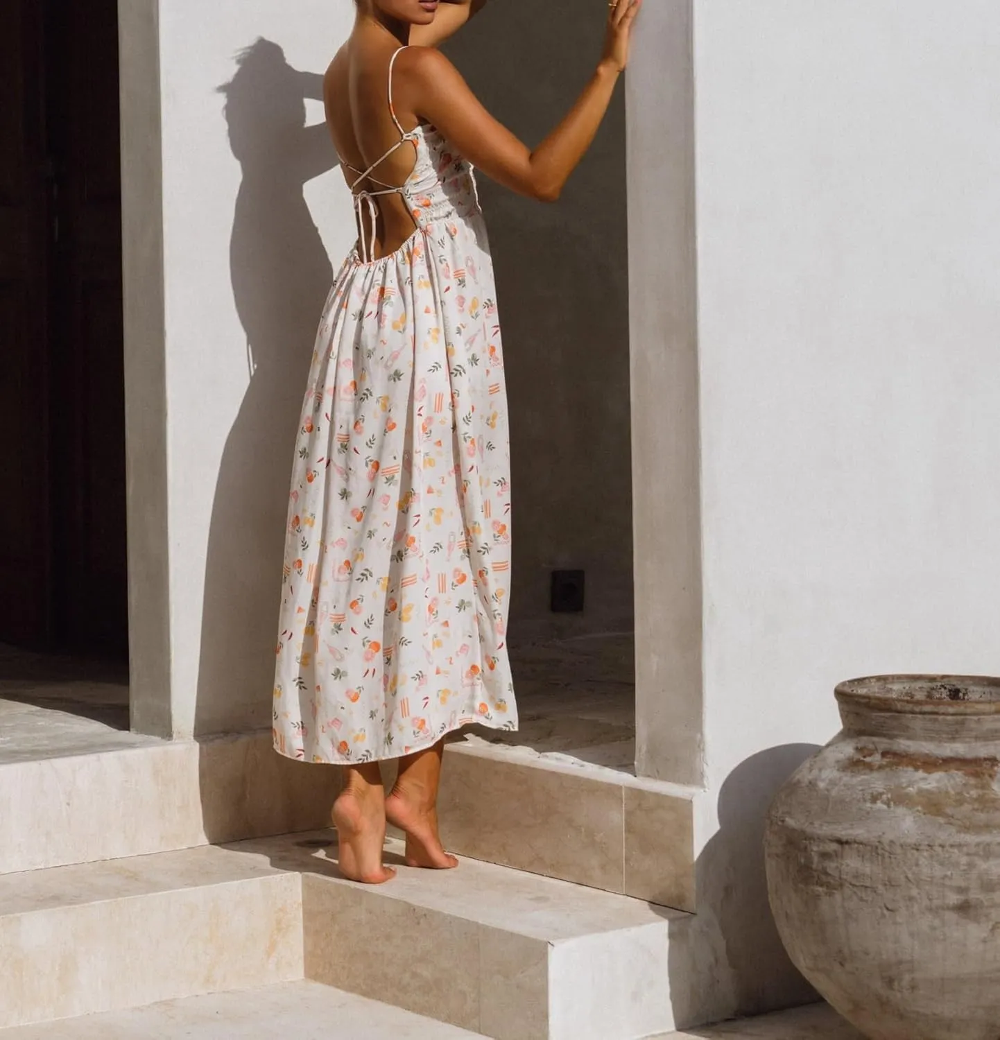 Women Boho Floral Long Dress Graffiti Backless Cami Dress Flowy Sleeveless Maxi Sundress Summer Holiday Beachwear