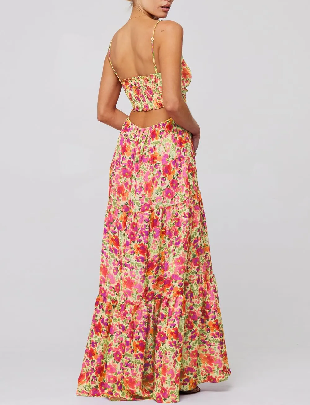 Women Boho Floral Sleeveless Smocked Maxi Dress Square Neck Spaghetti Strap Flowy Swing A Line Sundress