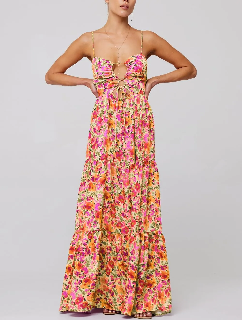 Women Boho Floral Sleeveless Smocked Maxi Dress Square Neck Spaghetti Strap Flowy Swing A Line Sundress