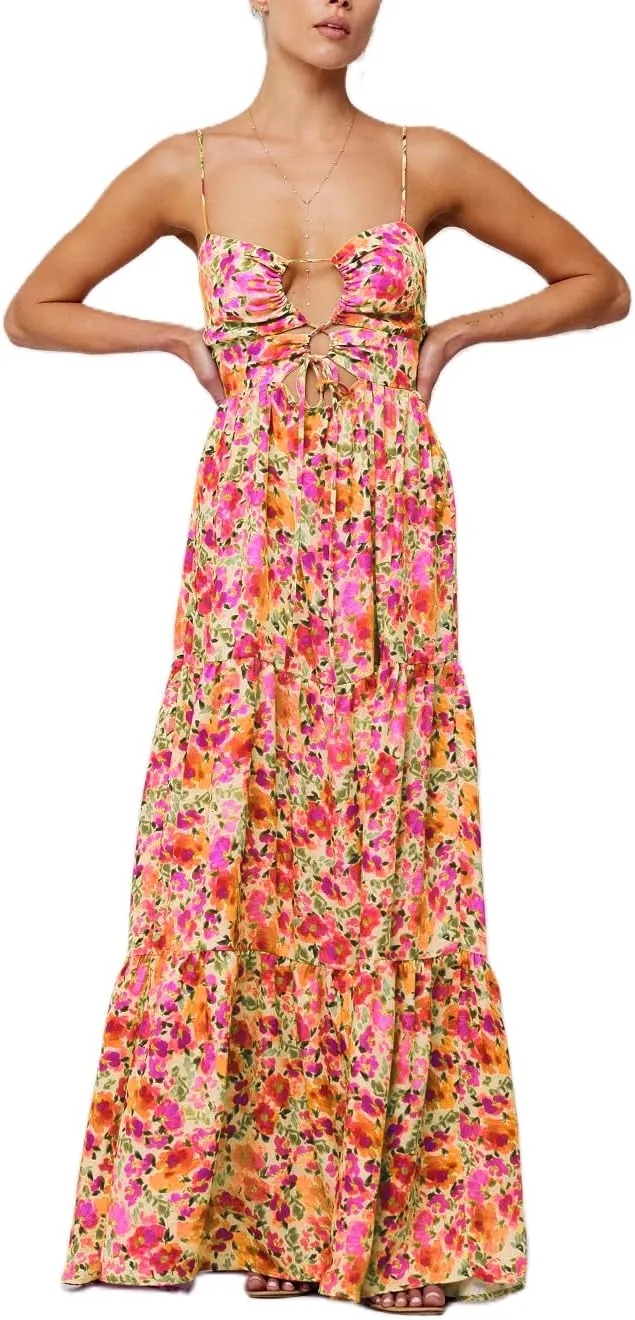 Women Boho Floral Sleeveless Smocked Maxi Dress Square Neck Spaghetti Strap Flowy Swing A Line Sundress