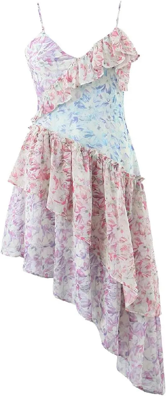 Women Contrast Color Flower Print Dress Spliced Cascade Ruffles Oblique Midi Dress