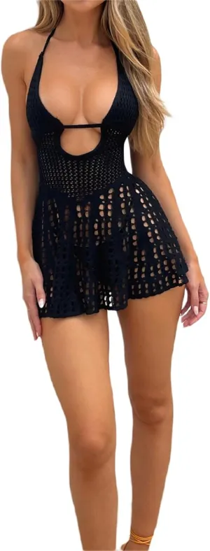 Women Crochet Knit Halter Dress Sexy Backless Cut Out Bodycon Mini Dress Y2k Summer Hollow Vacation Beach Cover Up