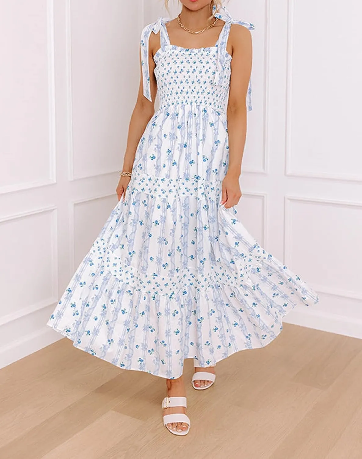 Women Floral Long Dress Boho Tie Shoulder Flowy Sundress Sleeveless Backless Maxi Dress Summer Holiday Beachwear