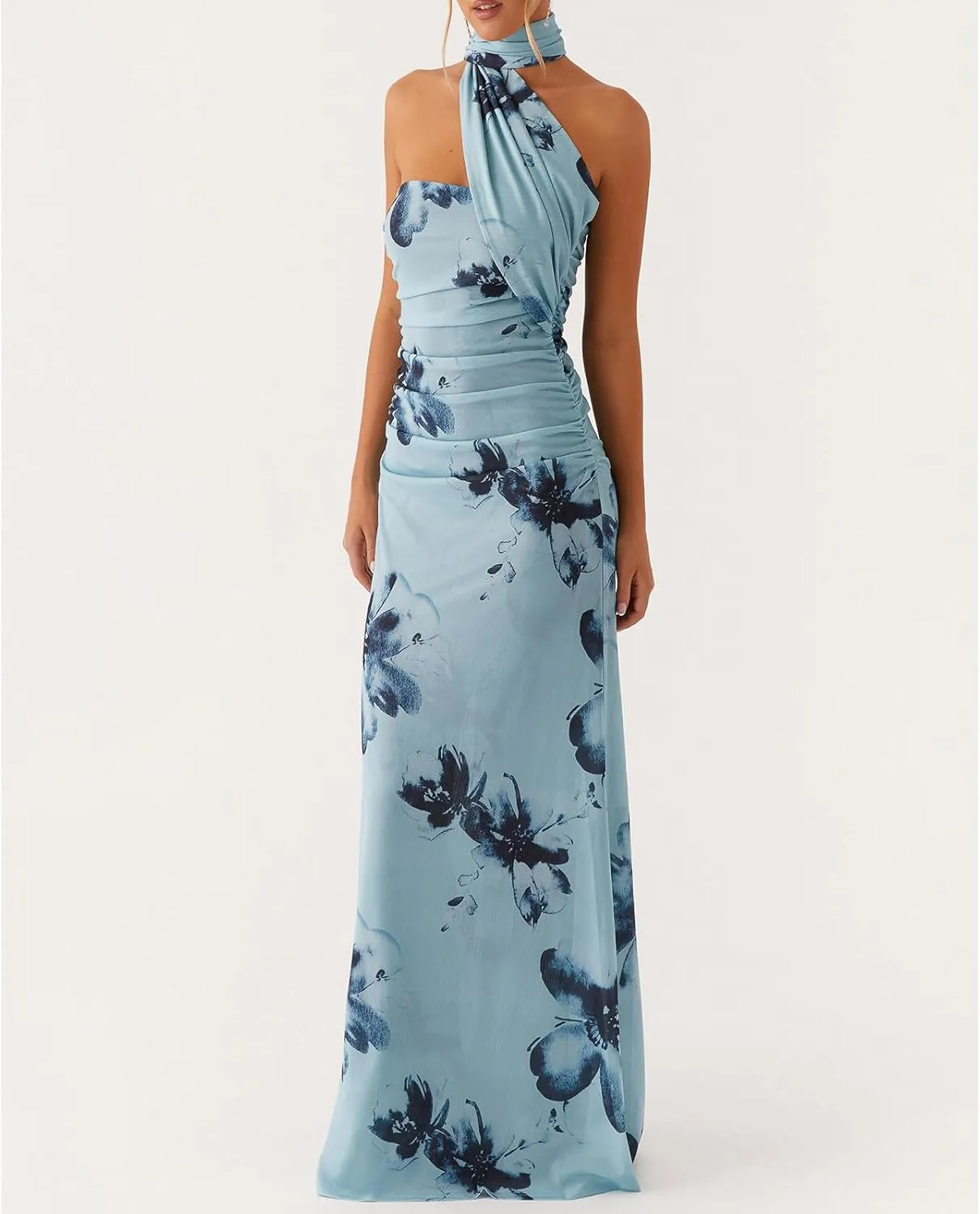 Women Floral Tube Dress Y2k Strapless with Scarf Maxi Dresses Backless Mesh Long Sexy Formal Cocktail Sundress