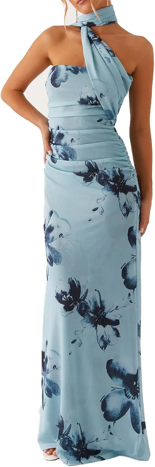 Women Floral Tube Dress Y2k Strapless with Scarf Maxi Dresses Backless Mesh Long Sexy Formal Cocktail Sundress