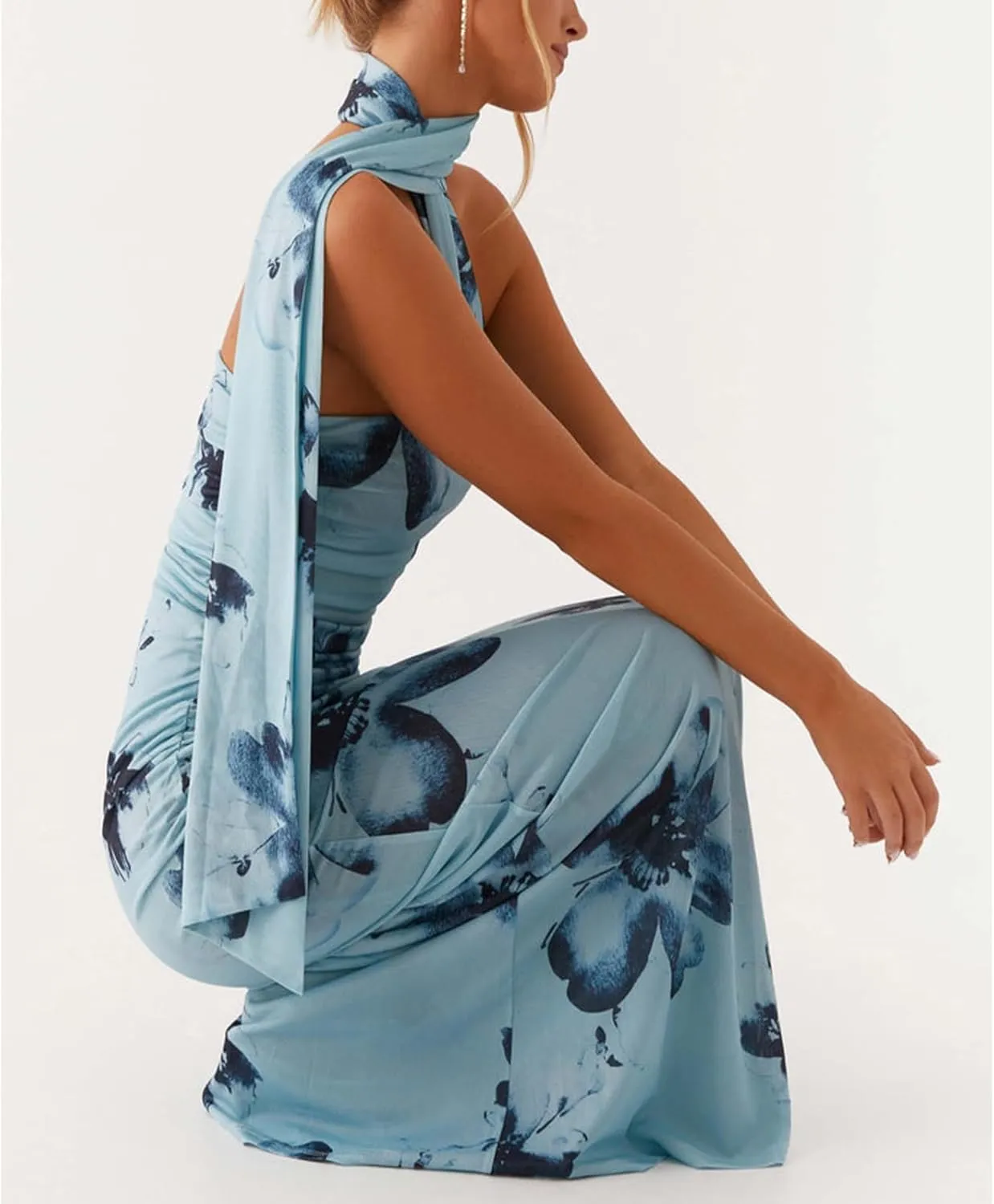 Women Floral Tube Dress Y2k Strapless with Scarf Maxi Dresses Backless Mesh Long Sexy Formal Cocktail Sundress