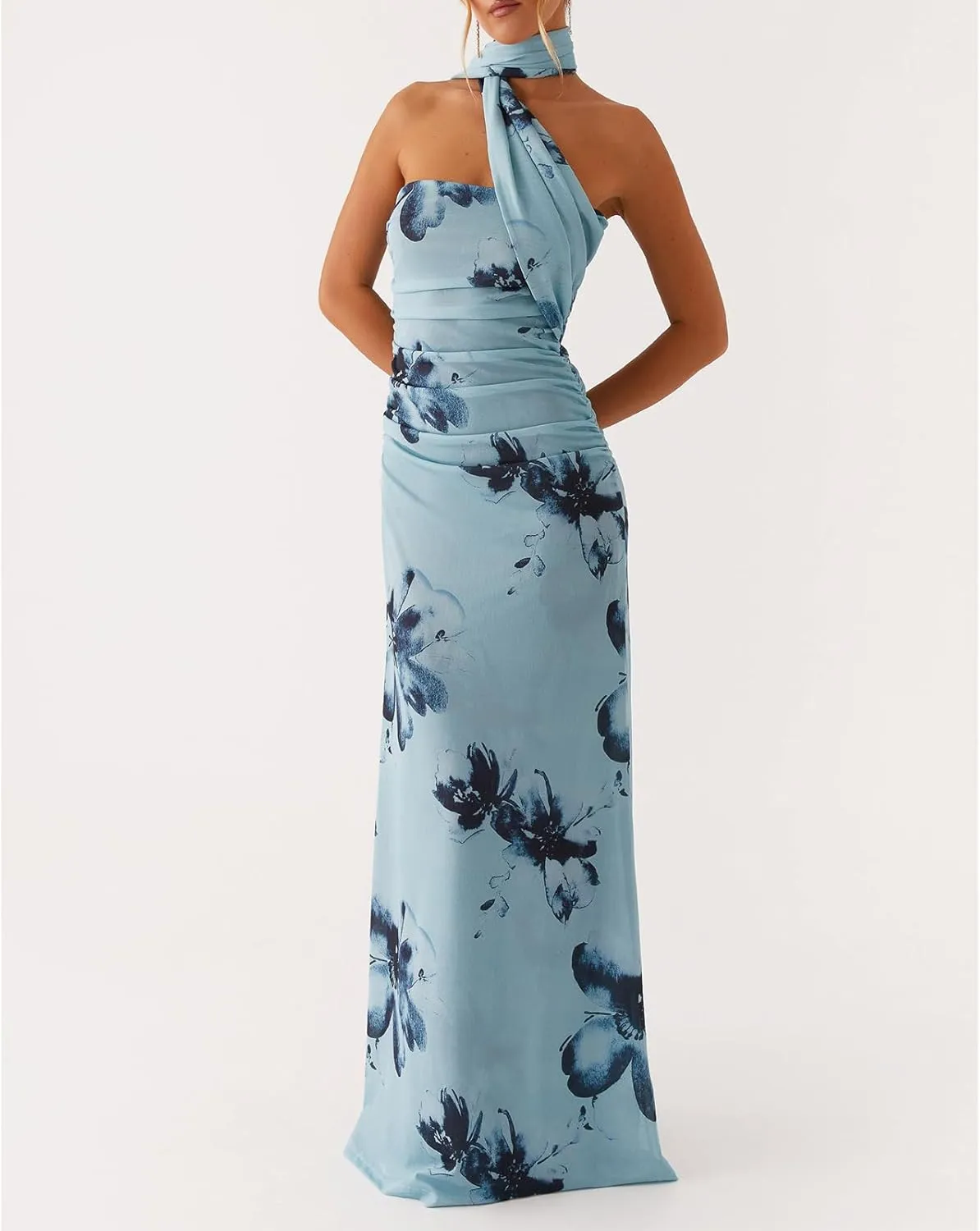 Women Floral Tube Dress Y2k Strapless with Scarf Maxi Dresses Backless Mesh Long Sexy Formal Cocktail Sundress