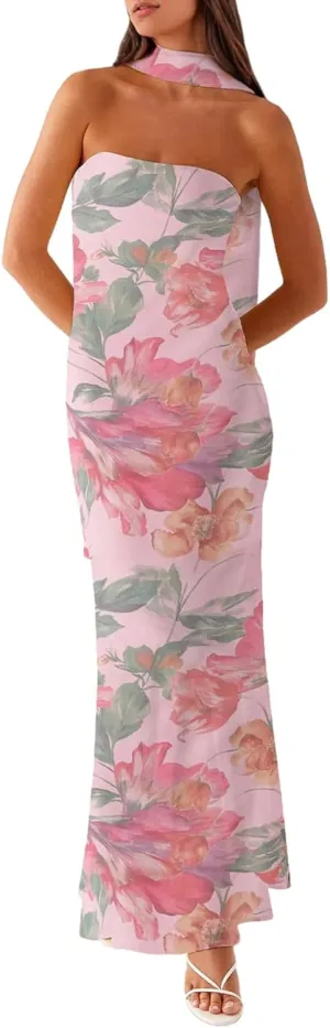 Women Floral Tube Maxi Dress with Scarf Y2K Strapless Bodycon Summer Party Long Dress Vacation Halter Dresses