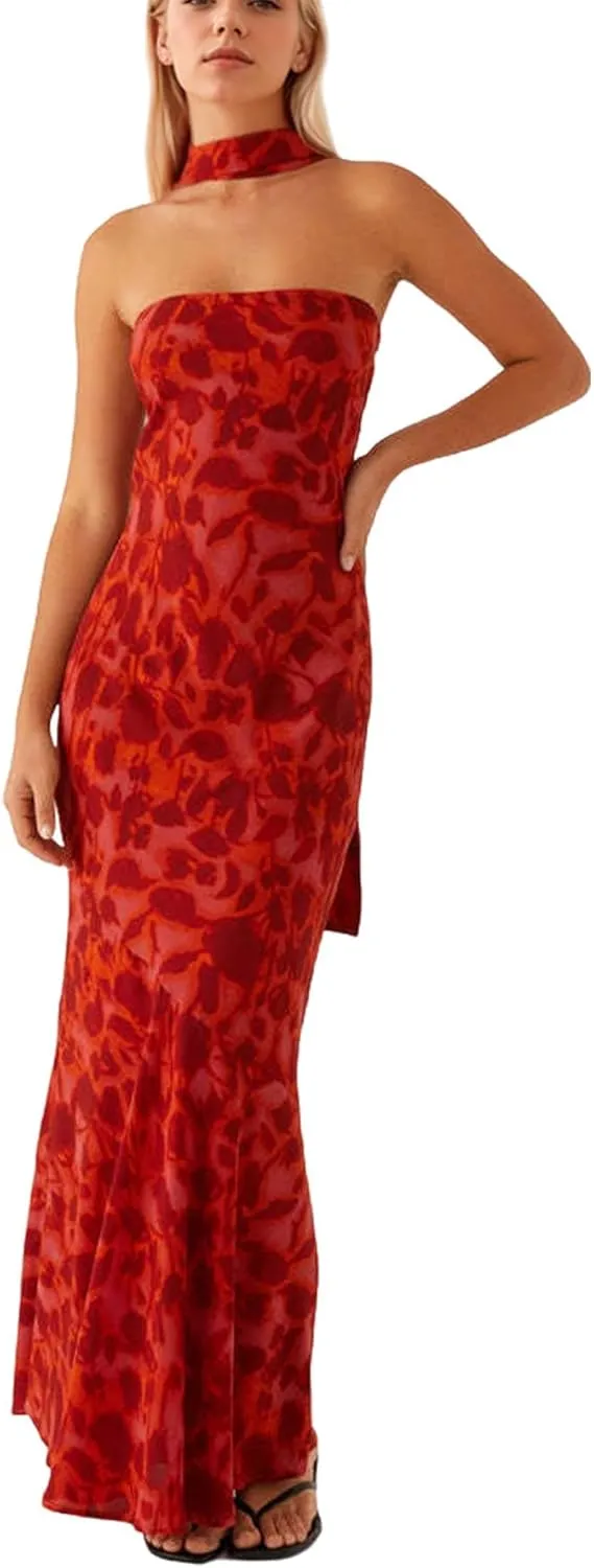 Women Floral Tube Maxi Dress with Scarf Y2K Strapless Bodycon Summer Party Long Dress Vacation Halter Dresses