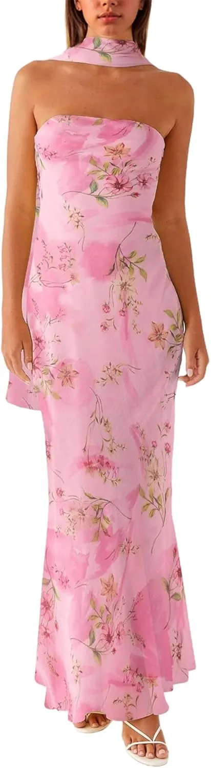 Women Floral Tube Maxi Dress with Scarf Y2K Strapless Bodycon Summer Party Long Dress Vacation Halter Dresses