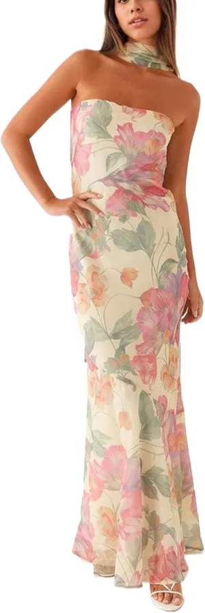 Women Floral Tube Maxi Dress with Scarf Y2K Strapless Bodycon Summer Party Long Dress Vacation Halter Dresses