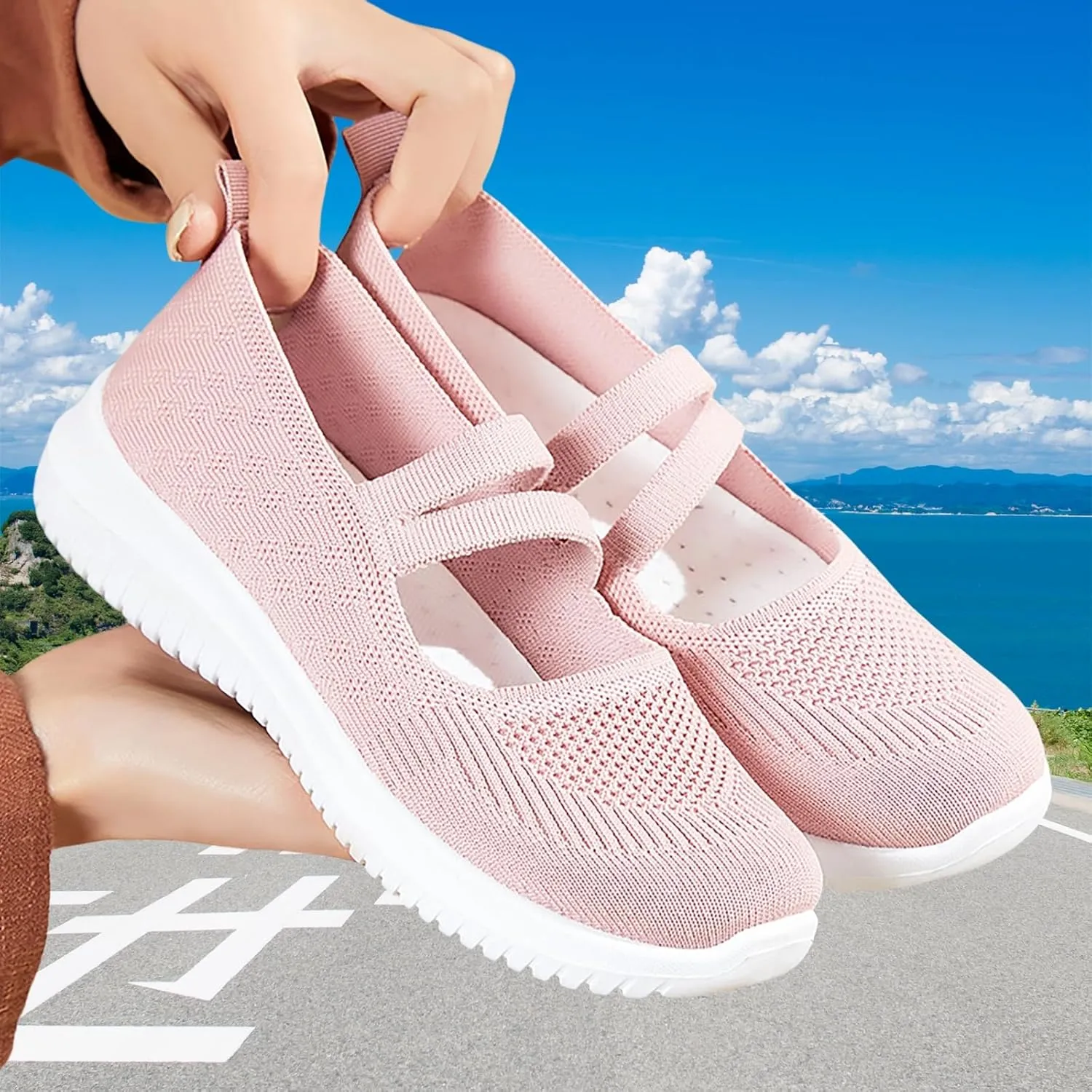 Women Mary Jane Walking Shoes Comfortable Knit Flats Slip on Dress Shoes for Women Casual Nurse Flats Diabetic Shoes with Arch Support