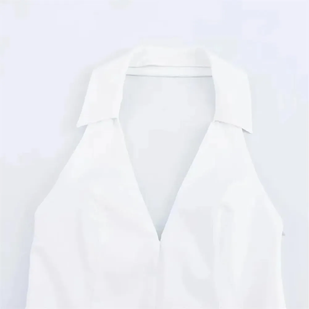 Women Preppy Style Pleated Mini Dress Personalized Belt Decoration Halterneck Short Dresses