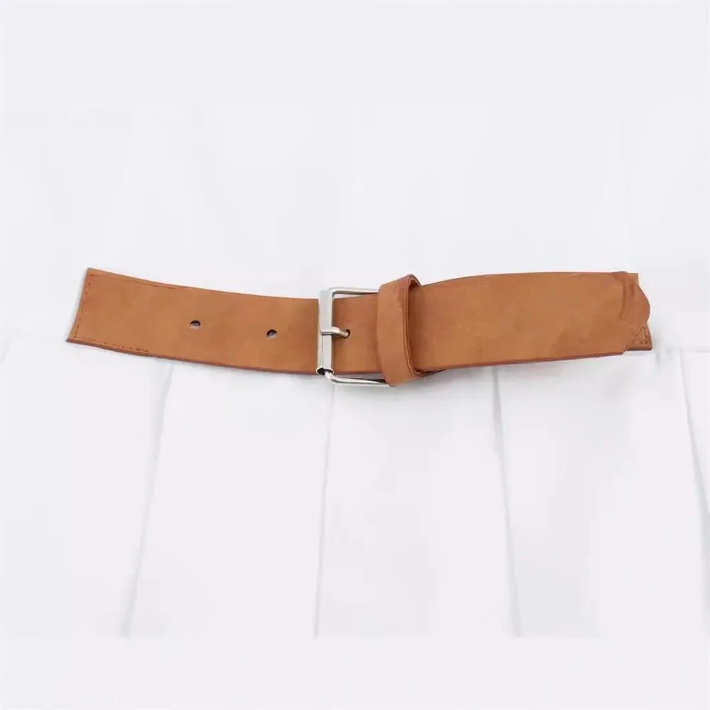 Women Preppy Style Pleated Mini Dress Personalized Belt Decoration Halterneck Short Dresses