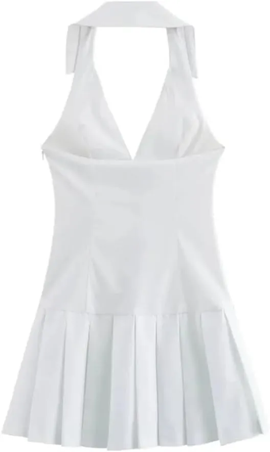 Women Preppy Style Pleated Mini Dress Personalized Belt Decoration Halterneck Short Dresses
