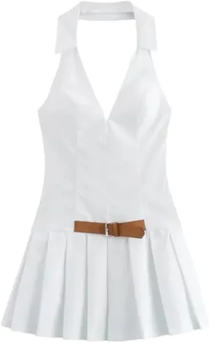Women Preppy Style Pleated Mini Dress Personalized Belt Decoration Halterneck Short Dresses
