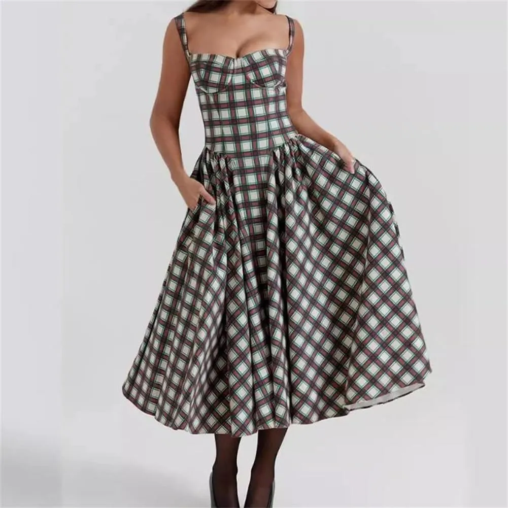 Women Retro Color Blocked Plaid Dress Straps Suspender Dresses Large Swing Long Dress