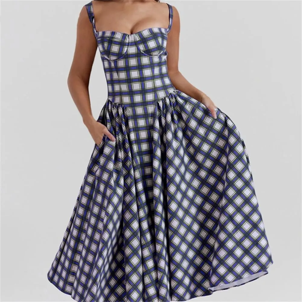 Women Retro Color Blocked Plaid Dress Straps Suspender Dresses Large Swing Long Dress