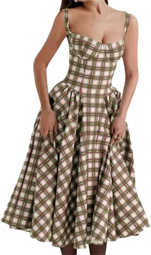 Women Retro Color Blocked Plaid Dress Straps Suspender Dresses Large Swing Long Dress
