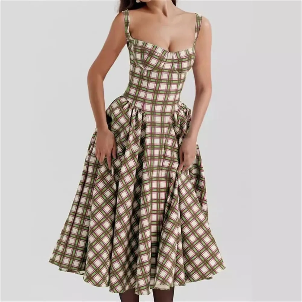 Women Retro Color Blocked Plaid Dress Straps Suspender Dresses Large Swing Long Dress