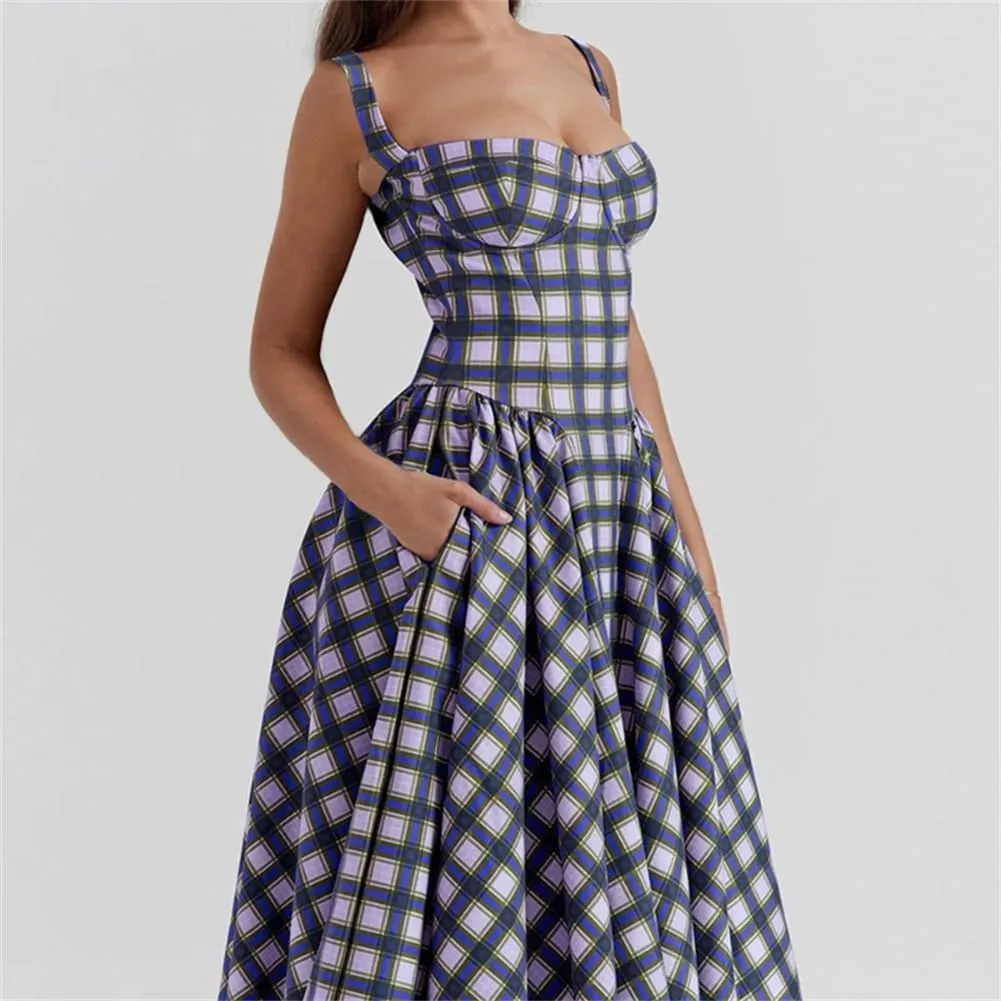 Women Retro Color Blocked Plaid Dress Straps Suspender Dresses Large Swing Long Dress