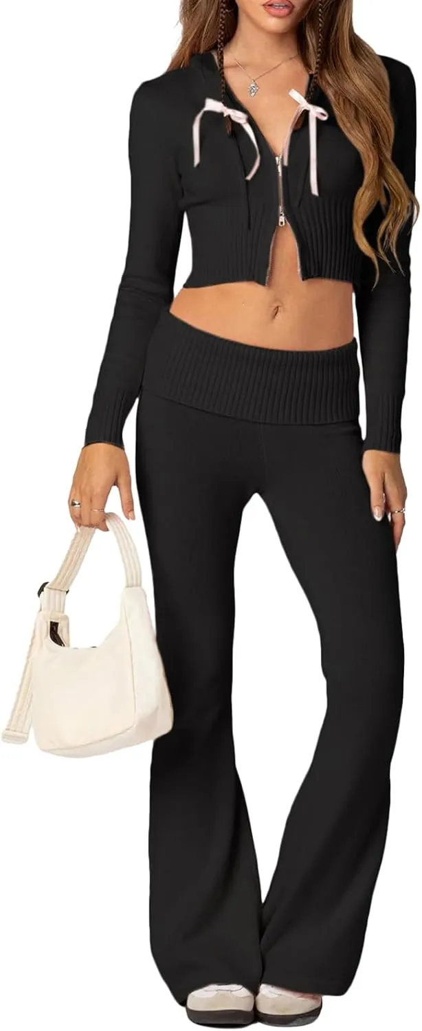 Women 's Two Piece Outfits Set Long Sleeve Zip Up Cropped Hoodie and Bootcut Pants Set Loungewear Streetwear (Black, XL)