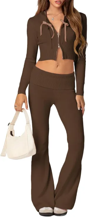 Women 's Two Piece Outfits Set Long Sleeve Zip Up Cropped Hoodie and Bootcut Pants Set Loungewear Streetwear (Coffee, M)