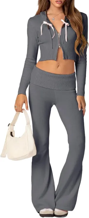 Women 's Two Piece Outfits Set Long Sleeve Zip Up Cropped Hoodie and Bootcut Pants Set Loungewear Streetwear (Gray, M)