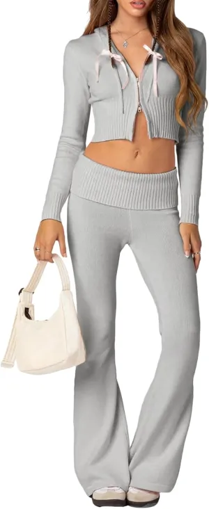 Women 's Two Piece Outfits Set Long Sleeve Zip Up Cropped Hoodie and Bootcut Pants Set Loungewear Streetwear (Light Grey, M)