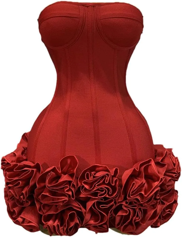 Women Sexy Strapless Backless Flower Embellished Mini Bandage Dress
