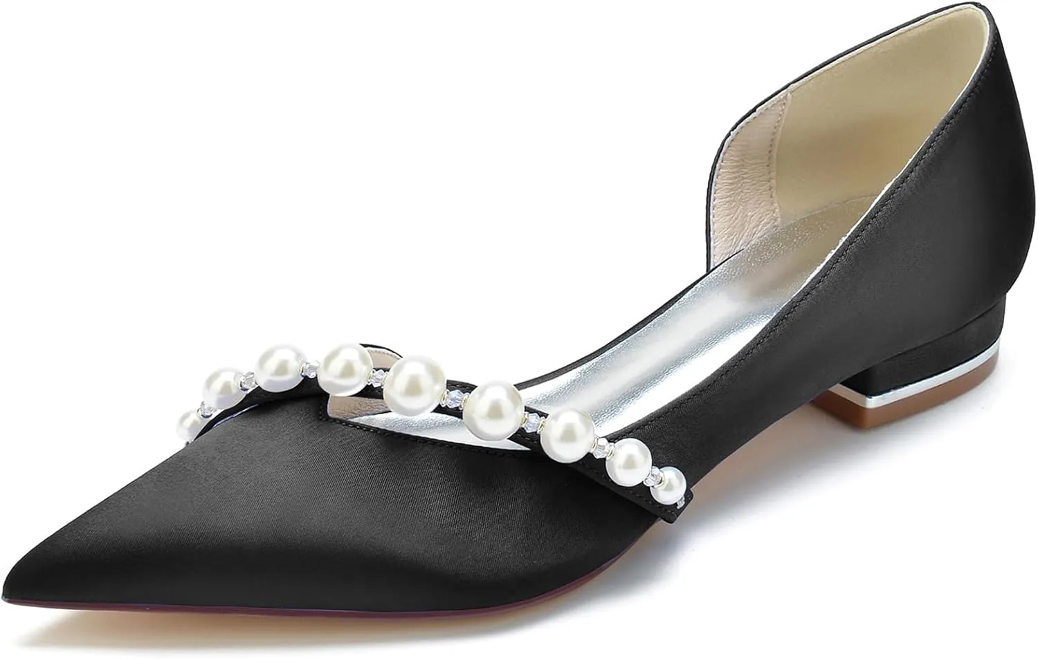 Women Slip on Satin Flat Wedding Shoes Pointed Toe Pearl Prom Evening Bridal Party Dress Flats