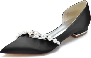 Women Slip on Satin Flat Wedding Shoes Pointed Toe Pearl Prom Evening Bridal Party Dress Flats