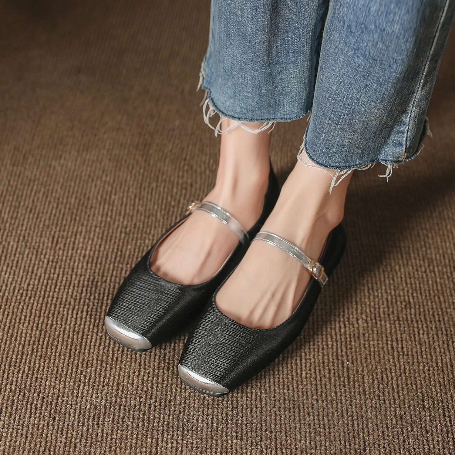 Women Square Toe Mary Jane Flats Shoes Ankle Strap Comfortable Flats Shoes