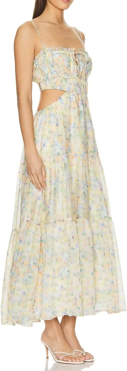 Women Summer Halter Smocked Long Dress Spaghetti Strap Ruffle Tiered Flowy Backless Maxi Dress Beach Sundress
