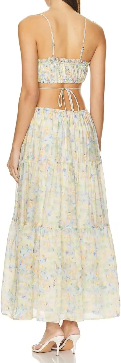 Women Summer Halter Smocked Long Dress Spaghetti Strap Ruffle Tiered Flowy Backless Maxi Dress Beach Sundress
