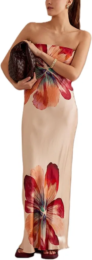 Women Y2K Floral Tube Long Dress Strapless Backless Bodycon Maxi Dress Summer Holiday Bandeau Dresses Beachwear