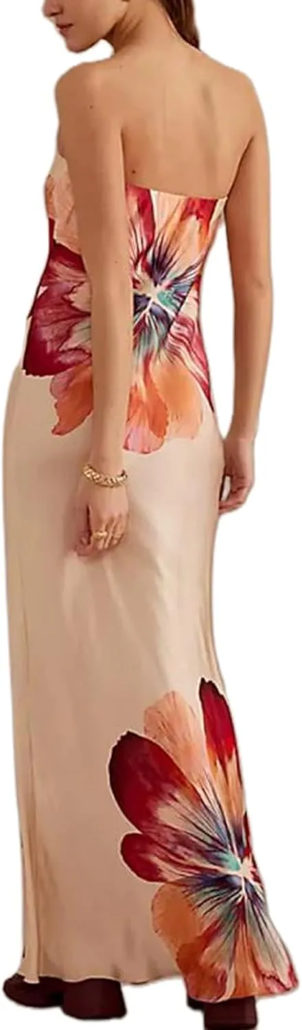 Women Y2K Floral Tube Long Dress Strapless Backless Bodycon Maxi Dress Summer Holiday Bandeau Dresses Beachwear