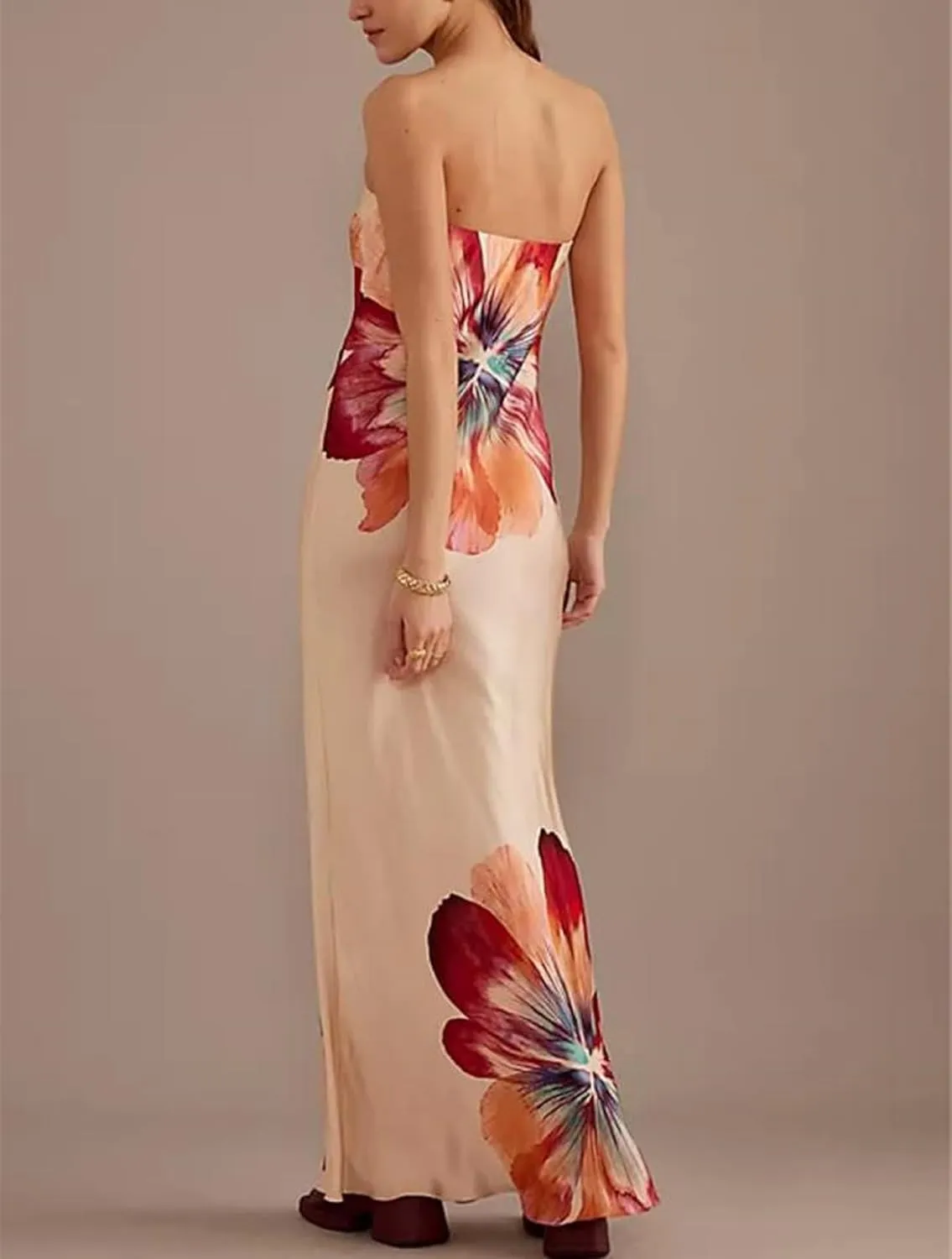 Women Y2K Floral Tube Long Dress Strapless Backless Bodycon Maxi Dress Summer Holiday Bandeau Dresses Beachwear