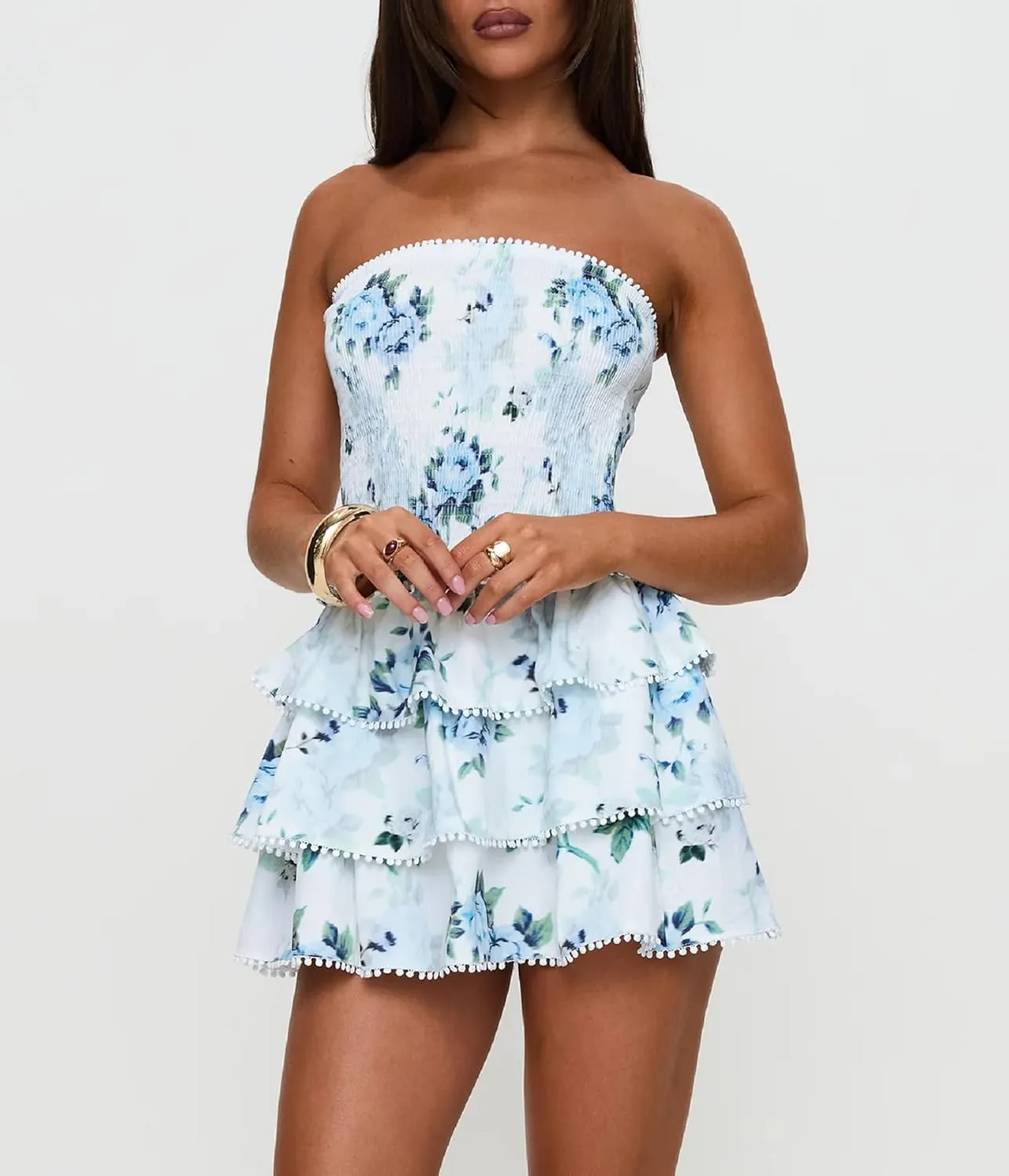 Women Y2K Strapless Short Dress Backless Tube Ruched Ruffle Mini Dress Floral Flowy Sleeveless Bodycon Sundress