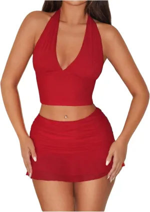 Women's 2 Piece Outfits Backless Crop Halter Tops and Bodycon Mesh Layered Skirt Going Out Set