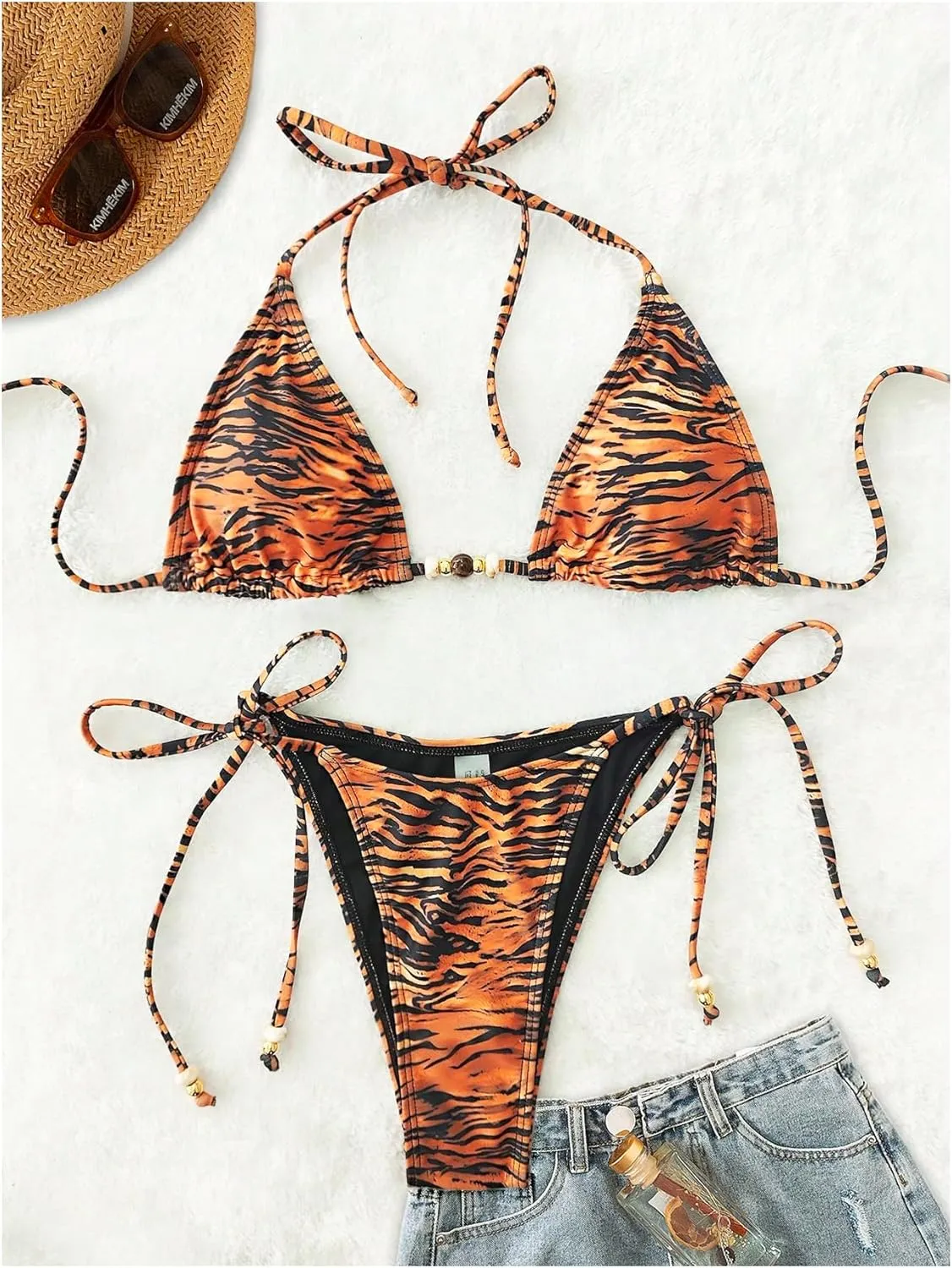 Women's 2 Pieces Zebra Striped Bikini Set Halter Triangle Swimsuit Y2K Tie Side Bathing Suit