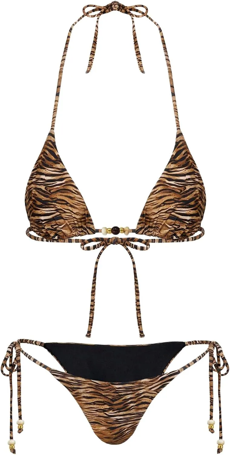 Women's 2 Pieces Zebra Striped Bikini Set Halter Triangle Swimsuit Y2K Tie Side Bathing Suit
